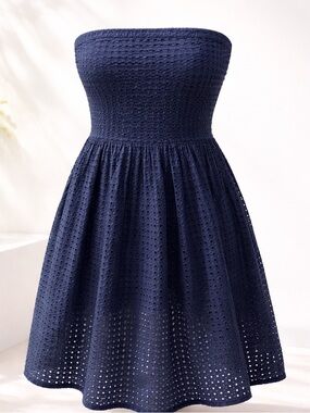 Old Navy Strapless Navy Eyelet Mini Dress | Smocked Summer Tube Dress | Size 8